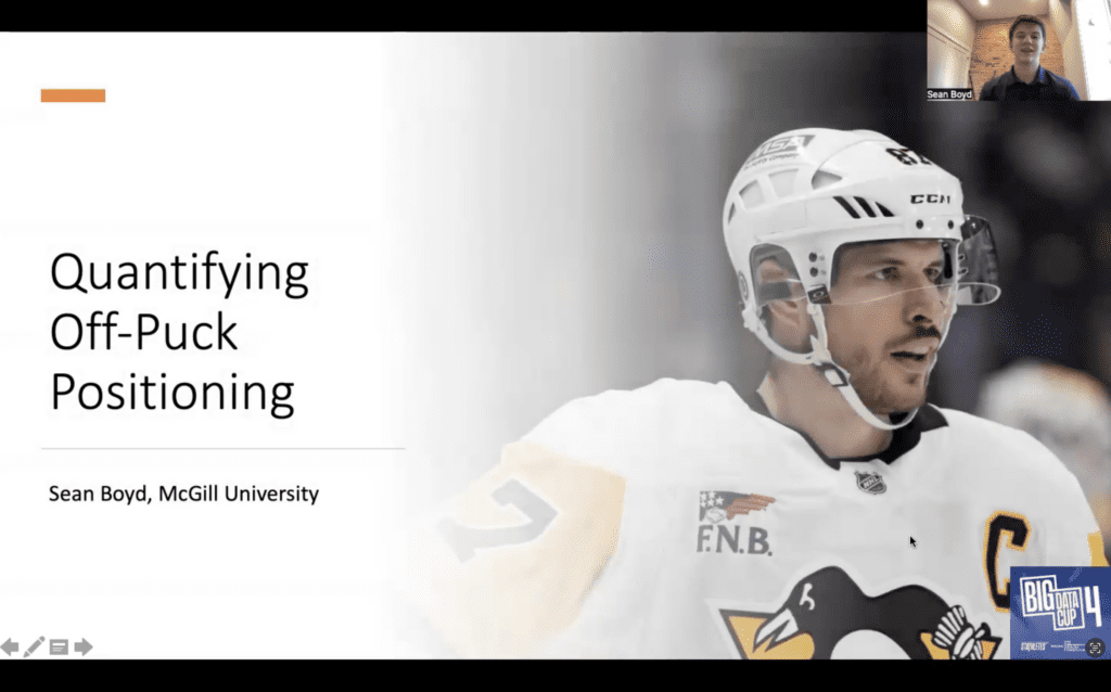 Sean Boyd presents his Big Data Cup findings in a presentation called, 'quantifying off-puck positioning'